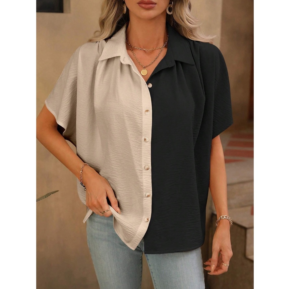 Loose Fitting Color Block 2 Tone Button Up Down Shirt Batwing Sleeve - Picture 4 of 7